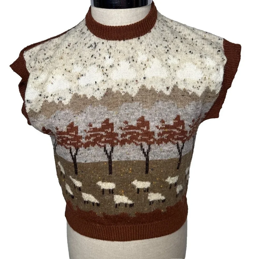 Vintage Sheep Wool Sweater Vest Sz L Brown Trees Grannycore Grandma Cottagecore - Picture 1 of 7